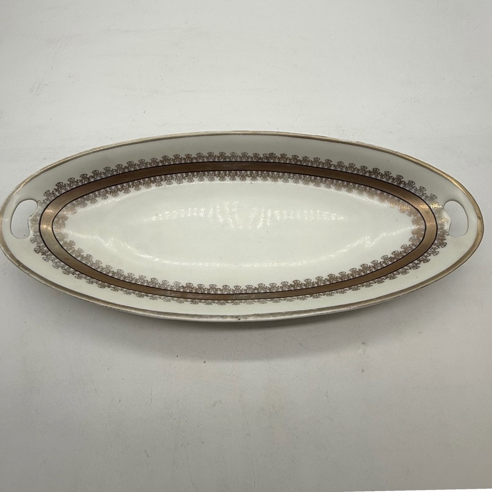PV Vessra Germany Porcelain Oval Serving Bread Dish Gold Trim Handles art deco